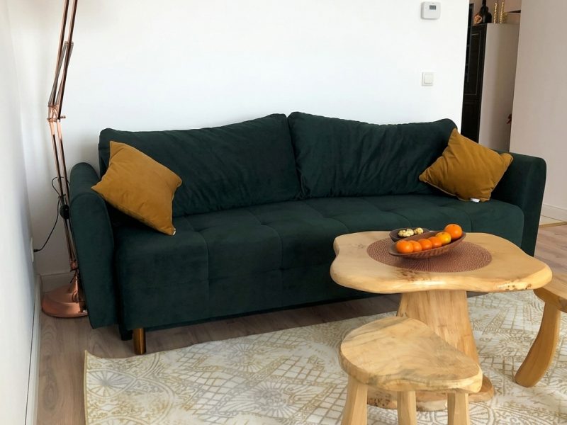 Wohnzimmer mit grünem Sofa